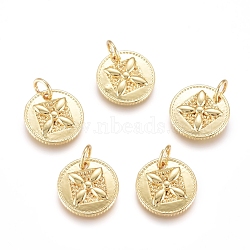 Brass Charms, with Jump Rings, Flat Round with Flower, Golden, 12x2mm, Hole: 3.4mm(KK-L189-10G)