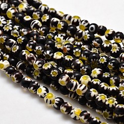 Round Millefiori Glass Beads Strands, Black, 6mm, Hole: 1mm, about 67pcs/strand, 14.7 inch(LK-P001-06)