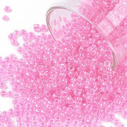 12/0 Glass Seed Beads, Transparent Inside Colours Luster, Round Hole, Round, Hot Pink, 12/0, 2~2.5x1.5~2mm, Hole: 0.8mm, about 30000pcs/bag(SEED-A015-2mm-2220)