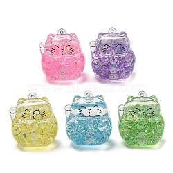 Luminous Transparent Acrylic Pendants, with Star Quicksand, Maneki Neko, Mixed Color, 46.5x40x34mm, Hole: 2mm(MACR-D080-03)