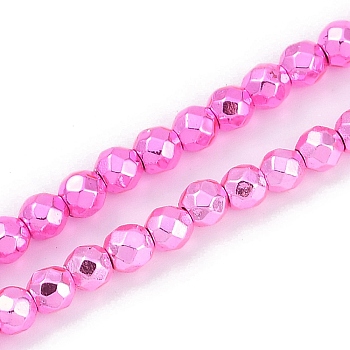 Baking Paint Electroplated Synthetic Non-magnetic Hematite Beads Strands, Faceted, Round, Hot Pink, 4x4x4mm, Hole: 1mm, about 95pcs/strand, 14.96''(38cm)