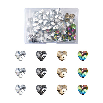 Electroplated Glass Charms, Silver Plated Bottom, Faceted, Heart, Mixed Color, 14x14x8mm, Hole: 1.5mm, 4 colors, 25pcs/color, 100pcs/box