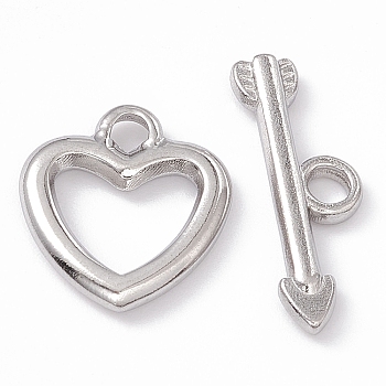 304 Stainless Steel Toggle Clasps, Heart, Stainless Steel Color, Heart: 14.5x13x2mm, Hole: 2mm, 6x9mm inner diameter, Bar: 7x20x2mm, hole: 2mm