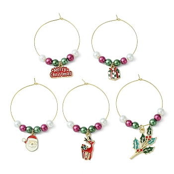 Christmas Theme Plastic Beaded 316 Surgical Stainless Steel Wine Glass Charms, with Alloy Enamel Charms, Mixed Shapes, 59~75mm