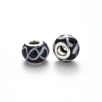 Handmade Lampwork European Beads, Large Hole Rondelle Beads, with Platinum Tone Brass Double Cores, Black, 14~16x9~10mm, Hole: 5mm