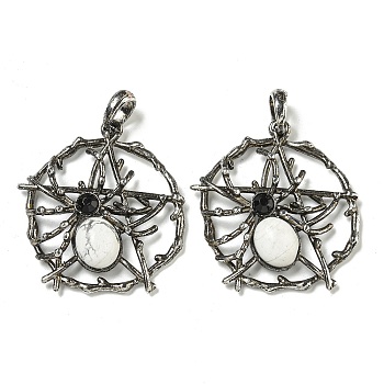 Natural Howlite Pendants, Alloy Pentagram with Spider Charms, Antique Silver, 44.5x39x7mm, Hole: 7.5x6.5mm