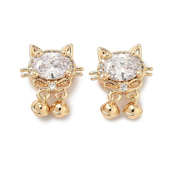 Brass Pave Cubic Zirconia Cat with Bowknot Multi-Strand Links, Real 18K Gold Plated, Clear, 17x14x7mm, Hole: 1.6mm