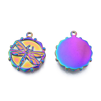 Ion Plating(IP) 304 Stainless Steel Pendants, Flat Round with Dragonfly, Rainbow Color, 21x18x2.5mm, Hole: 1.6mm