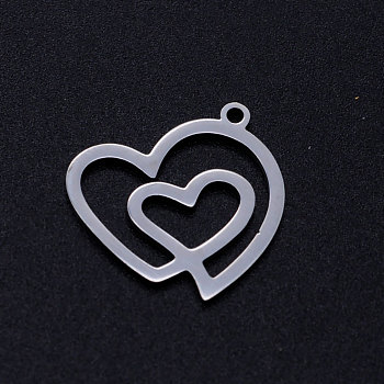 201 Stainless Steel Pendants, Heart with Heart, Stainless Steel Color, 20x19.5x1mm, Hole: 1.5mm