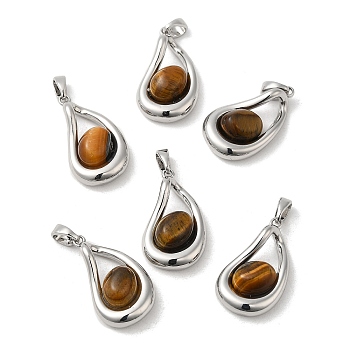 Natural Tiger Eye Pendants, Brass Teardrop Charms, Real Platinum Plated, 21x13x6mm, Hole: 4.5x3mm