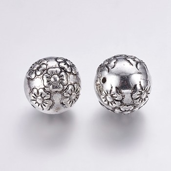 CCB Plastic Beads, Round with Flower, Antique Silver, 23.5~24.5x23mm, Hole: 2mm