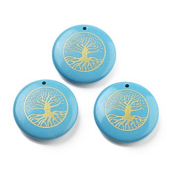 Dyed Synthetic Turquoise Carved Pendants, Flat Round with Tree of Life Charms, 30x7mm, Hole: 1.8mm