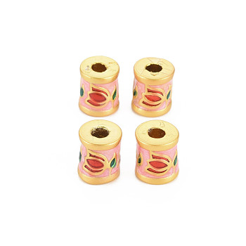 Rack Plating Alloy Enamel Beads, Long-Lasting Plated, Matte Style, Cadmium Free & Nickel Free & Lead Free, Column with Flower, Pink, 8x10mm, Hole: 3mm