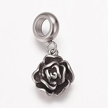 304 Stainless Steel European Dangle Charms, Large Hole Pendants, Rose Flower, Antique Silver, 24mm, Hole: 5mm, Pendant: 14x12x4mm