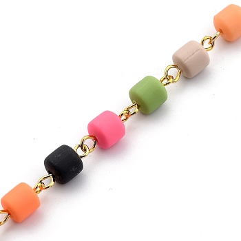 Handmade Polymer Clay Beaded Chains, with Golden Plated Brass Eye Pin, for Bracelet Necklace Making, Colorful, Column Beads: 6.3x6mm, 39-3/8 inch(100cm)/strand