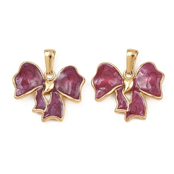 304 Stainless Steel Enamel Pendants, Bowknot, Golden, Dark Red, 21x25.5x3.5mm, Hole: 6x3mm