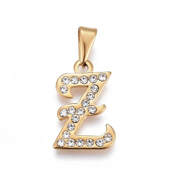 304 Stainless Steel Pendants, with Rhinestone, Letter, Letter.Z, 21x13.5x2mm, Hole: 3~3.5x7.5~8mm