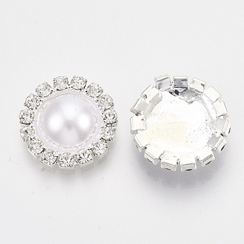 ABS Plastic Imitation Pearl Cabochons, with Glass Rhinestone and Silver Color Plated Brass Findings, Half Round/Dome, Crystal, 15.5x5mm