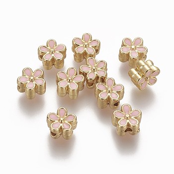 Brass Enamel Beads, Long-Lasting Plated, Flower, Real 18K Gold Plated, Pink, 7x3.3mm, Hole: 1.6mm