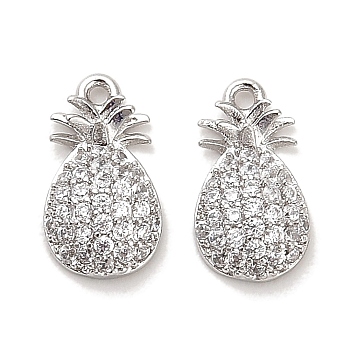 Brass Micro Pave Clear Cubic Zirconia Charms, Pineapple, Real Platinum Plated, 10.5x6x2.5mm, Hole: 0.9mm