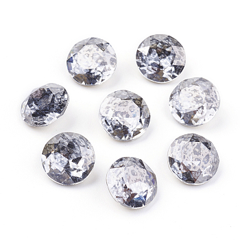 Pointed Back & Back Plated Glass Rhinestone Cabochons, Grade A, Faceted, Flat Round, Silver Patina, 10x5mm