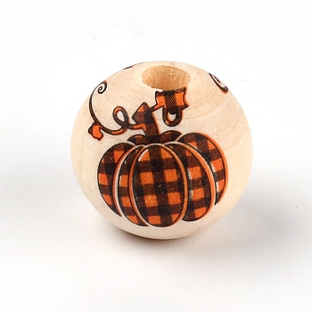 Natural Wood Beads, Round with Pumpkin Plaid Patten, Dark Orange, 15~16mm, Hole: 4mm