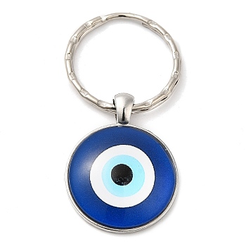 Half Round/Dome Alloy & Glass Pendant Keychain, with Split Key Rings, Evil Eye Pattern, Medium Blue, 5.8cm