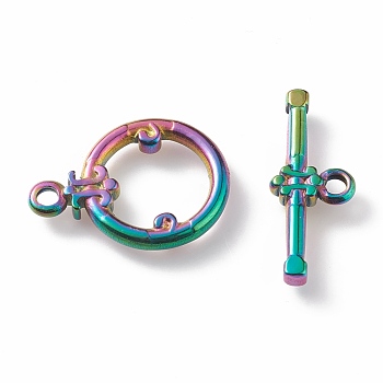 Ion Plating(IP) 304 Stainless Steel Toggle Clasps, Ring, Rainbow Color, Ring: 21x15x2mm, Hole: 2mm, Bar: 22x9x3mm, Hole: 2mm