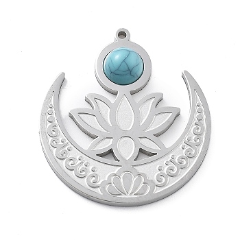 304 Stainless Steel Pave Synthetic Turquoise Pendants, Lotus Flower Moon Charms, Stainless Steel Color, 27x25x4mm, Hole: 1mm