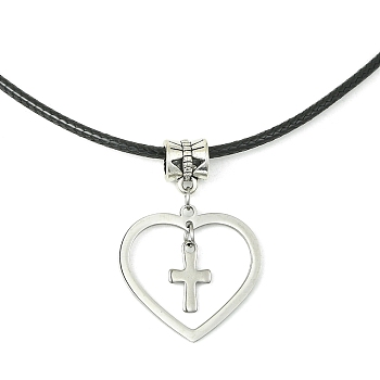 304 Stainless Steel Tiny Cross & 201 Stainless Steel Heart Pendant Necklaces, with Imitation Leather Cords, Stainless Steel Color, 17.60 inch(44.7cm)
