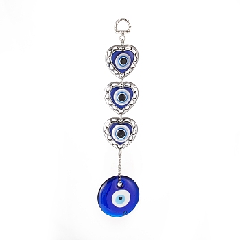 Handmade Lampwork & Resin Evil Eye Pendant Decorations, with CCB Plastic Finding, Iron Ring and Chain, Heart & Flat Round, Antique Silver & Platinum, 225mm, Hole: 14x10mm