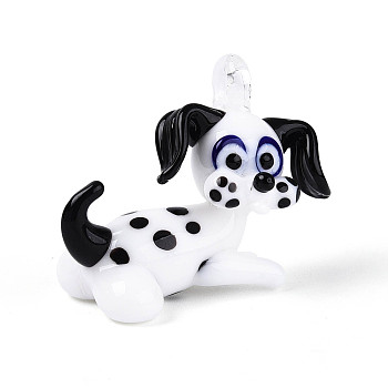 Handmade Lampwork Pendants, Spotted Dog Charms, White, 27~31.5x34~37.5x17.5~18.5mm, Hole: 3.5~4.5x3.5~4mm