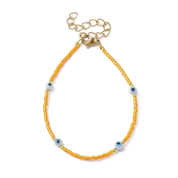 Evil Eye Lampwork & Glass Seed Beaded Bracelet with Real 18K Gold Plated 304 Stainless Steel Clasps, Orange, 6-3/4 inch(17.2cm)