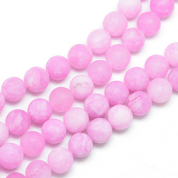 Natural White Jade Bead Strands, Dyed, Frosted, Round, Hot Pink, 8~9mm, Hole: 1mm, about 46~48pcs/strand, 14.9 inch