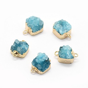 Natural Druzy Quartz Links connectors, with Brass Findings, Square, Golden, Light Blue, 14~18x9~10x6~8mm, Hole: 2mm