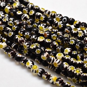 Round Millefiori Glass Beads Strands, Black, 6mm, Hole: 1mm, about 67pcs/strand, 14.7 inch