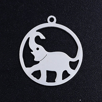201 Stainless Steel Pendants, Circle with Elephant, Stainless Steel Color, 22.5x20x1mm, Hole: 1.5mm
