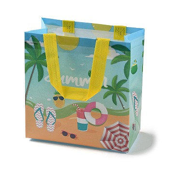 Summer Theme Printed Non-Woven Reusable Folding Gift Bags with Handle, Portable Waterproof Shopping Bag for Gift Wrapping, Rectangle, Yellow, 11x21.5x23cm, Fold: 28x21.5x0.1cm