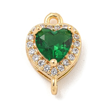 Brass Pave Cubic Zirconia Connector Charms, Heart Links, Golden, Green, 15x9x6mm, Hole: 1.2mm