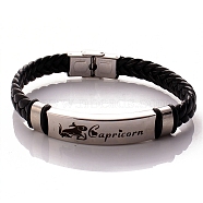 Braided Leather Cord Bracelets, Constellation Bracelet for Men, Capricorn, 8-1/4 inch(21cm)(PW-WG99416-10)