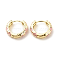 Flower Enamel Hoop Earrings, Gold Plated Brass Hinged Earrings for Women, Pink, 20x22x5mm, Pin: 0.9mm(EJEW-G290-03G-F)