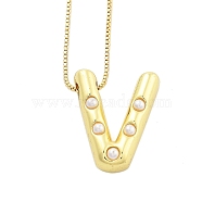 Brass & Plastic Pearl Letter Pendant Box Chain Necklaces for Women, Real 18K Gold Plated, Letter V, 17.64 inch(44.8cm)(NJEW-U017-01G-22)