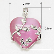 Valentine Idea for Her Gifts Cat Eye Pendants, with Brass Findings, Heart, Platinum Color, Pink, 25x21x9mm, Hole: 5x4mm(X-CE-H006-01)