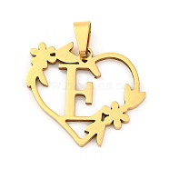 Ion Plating(IP) 201 Stainless Steel Pendants, Heart with Letter Charms, Golden, Letter E, 23x25x1.5mm, Hole: 7.5x3.5mm(STAS-N103-183G-E)