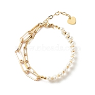 Round Shell Pearl Beaded Bracelets, with Brass Paperclip Chains, Golden, White, 7-1/2 inch(19.1cm)(X1-BJEW-TA00008)