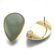 Alloy Stud Earring Findings, with Loop, Enamel and Steel Pins, Teardrop, Light Gold, Dark Sea Green, 27x17mm, Hole: 3mm, Pin: 0.7mm(PALLOY-S121-02A)