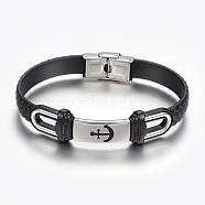 PU Leather Braided Cord Bracelets, with 304 Stainless Steel Finding, Rectangle with Anchor, Black, 8-5/8 inch(220mm), 10~16x2.5~8.5mm(BJEW-E324-C07)