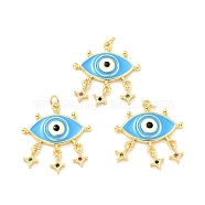 Rack Plating Brass Micro Pave Colorful Cubic Zirconia Pendants, with Jump Rings and Enamel, Cadmium Free & Lead Free, Golden, Evil Eye with Star, Deep Sky Blue, 28x26x3mm, Hole: 3.4mm(KK-G394-05G)
