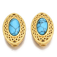 4-Hole Synthetic Turquoise Beads, Dyed, with Brass Findings, Hollow, Oval, Matte Gold Color, Sky Blue, 19x12.5x8mm, Hole: 1.8mm(KK-S310-39A)