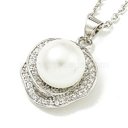 304 Stainless Steel Cable Chain Necklaces, Brass Clear Cubic Zirconia Round Pendant Necklaces, with Imitation Pearl, Stainless Steel Color, 17.72 inch(45cm)(NJEW-H040-02P)